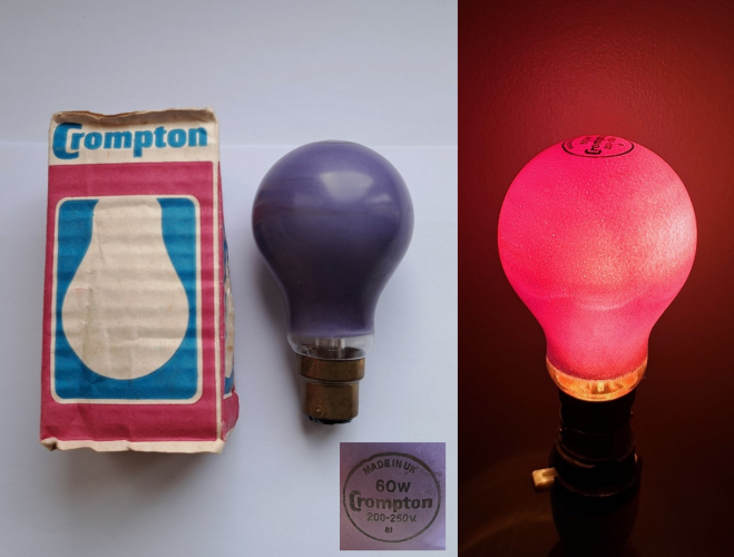 Crompton Mauve coloured 60w GLS lamp
After obtaining a 40w Crompton Mauve lamp from fellow collector Beta 5 earlier this year, I had no idea I would come across a 60w example so soon after obtaining it! Now I have both of the wattages I believe this lamp was available in. This example was purchased from another collector, and came as a very nice surprise in a lot of lamps I bought from them.
