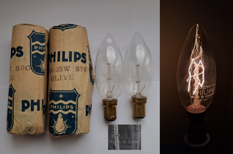 Philips 25w "Olive" candle lamps
More old candle lamps, which again probably date back to the 1930's. These, unlike the Bell lamp posted earlier are of a somewhat more conventional appearance but even then have quite an elaborate-looking filament!
