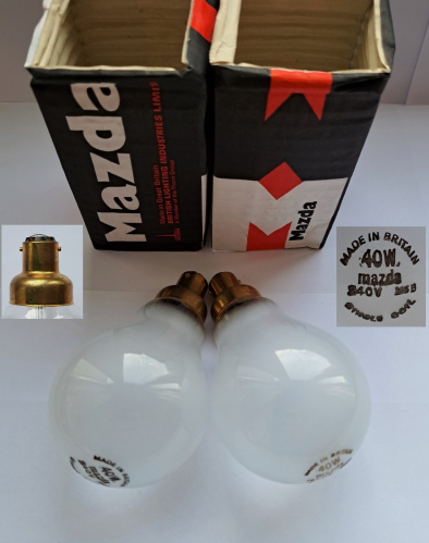 Mazda 40w GLS lamps with B15 base
These lamps saw limited popularity in the 1960's and 1970's, usually used in public places to combat lamp-theft! Prior to finding these, and some Ekco 60w versions I will upload in a moment, I only had a couple of loose examples. I found these on a fairground suppliers' site of all places! They still have a few in stock, so for those looking to add them into their collections, here is the link: https://www.rundles.co.uk/product/40w-240v-pearl-gls-b15-light-bulb/
