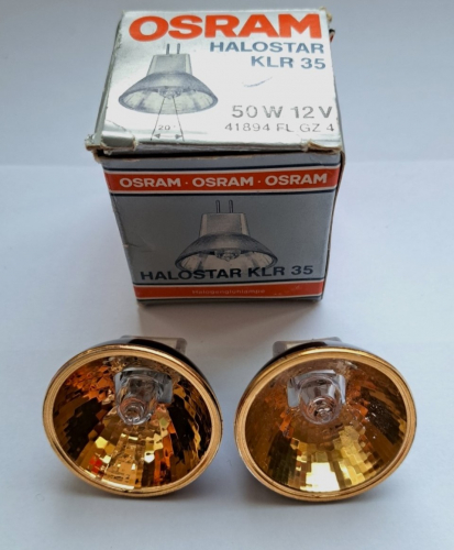 Osram Halostar KLR gold-tinted 50w reflector lamps
Some interesting little lamps I found on Ebay recently! I have never seen Osram reflectors like these, they are very unusual. Sadly I was not able to get a lit photo of these.
