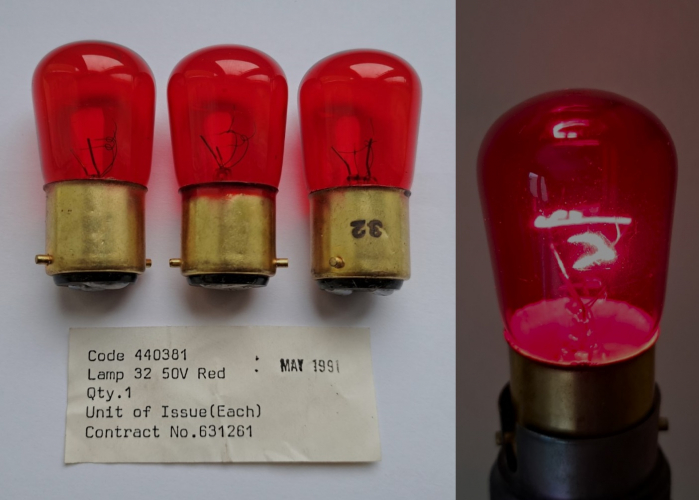 Unknown 50v red pygmy indicator lamps
I found these recently on Ebay, they were quite oddly packaged coming in little ziplock bags with the contract stickers (included in the image) attached. These seem like ex-military stock, or possibly given that they are 50v they might be ex-GPO/telephone exchange lamps. These definitely seem like a custom order, as while the lamp bases seem to be very high quality the filaments seem quite crudely constructed!
