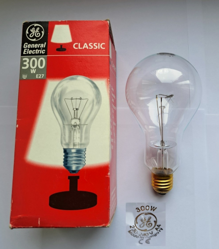 GE 300w GLS lamp with E27 base
An interesting recent Ebay find - I spotted this once and clicked off the listing, having only had a quick look and assuming it was a standard lamp with E40 base. After another look I noticed it had an E27 base, which is rather rare for 300w lamps, especially of such recent manufacture!
