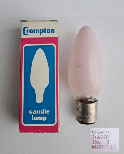 Crompton 40w light pink candle lamp
Normally I would say these sorts of lamps are some kind of 3rd party colour coating job, but this lamp undoubtedly left the Crompton plant like this already. Somewhere I have a yellow version of this lamp which comes in the same sort of box. This lamp is probably from the 1990's, when Crompton made lamps with tiny etches that rubbed off very easily!
