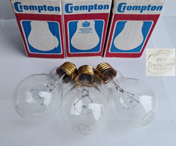 Crompton 75w clear GLS lamps
Found yesterday in a hardware shop in London, these were the only old lamps in the whole shop! As they were quite reasonably priced I decided to get 3 of them. The voltage rating and the fact these have an E27 base and wreath filament suggest they were made for some kind of specialist application, or perhaps for export. Maybe they are traffic signal lamps?
