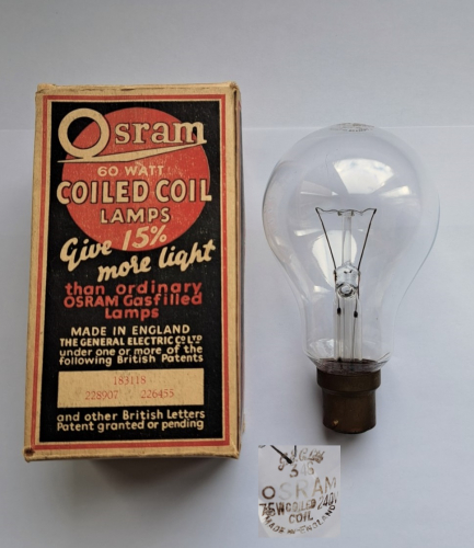 Osram-GEC 75w early coiled coil lamp
Unfortunately the box seems to belong to a different lamp, as it states 60w when the lamp itself is 75w. No doubt the original box would have been the same though. This is a very early coiled coil lamp, and is at most only a few years newer than the very first produced by Osram-GEC in the mid 1930's.
