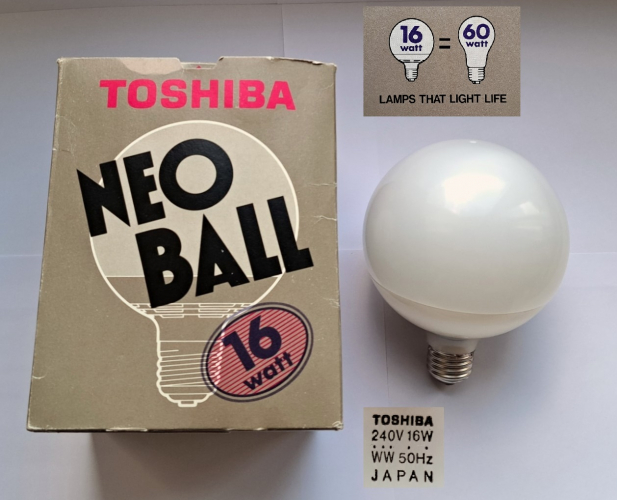 Toshiba Neo Ball 16w CFL with original box
I believe this is the first Neo Ball CFL in my collection which still has its original box! I think this is about one of 5 I have, all the rest of them are loose. 3 of these were purchased by my grandparents for a 3-lamp tracklight they have in their utility room, I used to love turning them on and watching them blink into life when I was little. Luckily I saved them before they were replaced and chucked out.
