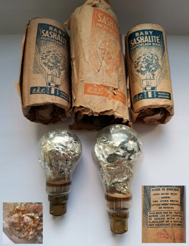GEC Sashalite photographic flash lamps
Purchased recently as part of a bundle of old photographic lamps on Ebay were these rather interesting old flash lamps which seem to share the same envelope as standard GLS lamps. These definitely date back to the period of the 2nd World War due to the presence of a paper rationing notice on the packaging.
