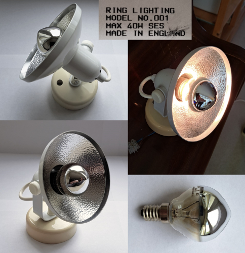 Ring 40w miniature crown silver lamp spotlight fitting
I'd been after an example of one of these sorts of fittings for a while and up popped this one for sale recently. Shame it's not a proper 1970's one, but nevertheless it's still decent quality and of a cute compact size. Although it's far from new (the base has gone a bit yellow!) it functions very well - when viewed from the sides it looks quite dim, but stand in front of it and you'll be hit with the full force of the 40w lamp's light and heat output!
