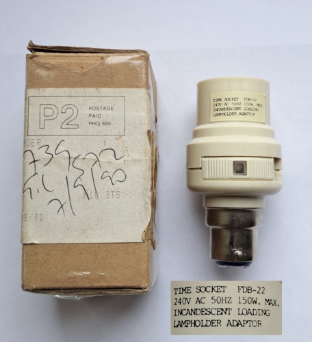 Unusual B22 "time socket" adapter from the late 1980's
For a brief time period in the 1990's and early 2000's such types of adapters were very common, and came in various different varieties, whether it be motion detectors, timers, ones with inbuilt photocells, etc. This one is a very early/primitive example from around 1989-90 and has an inbuilt photocell but instead of being the usual "on/off" variety, this one dims the lamp according to the light level... Needless to say it doesn't work too well!
