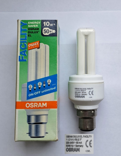 Osram Dulux EL "Facility" 10w CFL lamp
A curious lamp I found on Ebay recently - I've never seen this particular variant of the Dulux EL lamp before. It seems to be a version with superior circuitry allowing for a long 15k hour rated lifespan (impressive when compared to the physically identical, but measly 6k hour rated Dulux I uploaded last week!) and for less damage to the lamp when repeatedly switched on/off.
