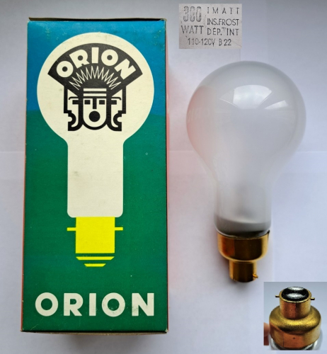 Orion (Tungsram) 110-120v 300w pearl lamp with B22 base
After seeing Keiron's post of this lamp and eventually tracking down the Ebay listing for them I had to get one for myself. Even better considering the seller sent me an offer for it! This lamp is highly unusual, up to this point I've never seen another quite like this.
