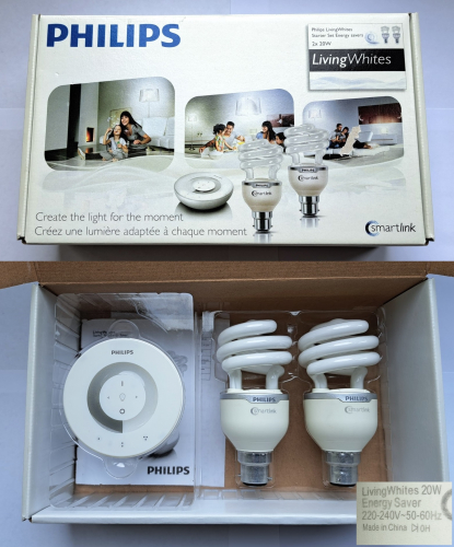 Philips Smartlink/Living Whites 20w remote-controlled CFL lamps
A few weeks ago I purchased a fairly off-brand CFL from the early 2010's that was compatible with early home automation apps. Here is Philips' take, these lamps don't seem to be app compatible but are instead controlled from a remote control, and are fully dimmable. These lamps seem to be quite rare nowadays - I imagine they weren't cheap originally and they were very quickly superseded by Philips' very popular "Hue" range of LED lamps launched just a couple of years afterwards.
