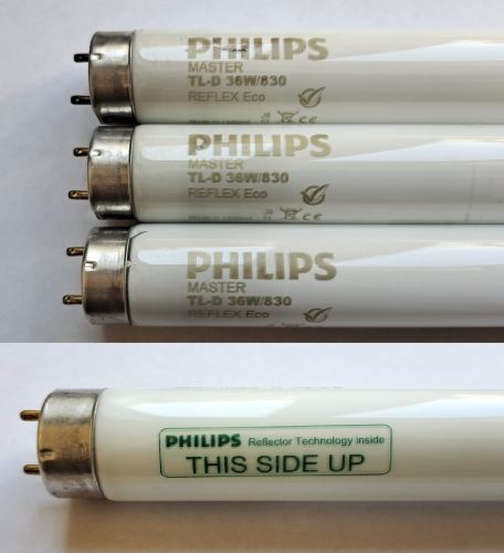 Philips Reflex Eco 36w reflector T8 tubes
Some lamp bin finds from this morning, NOS - I don't think I've seen non-LED reflector tubes as new as these before!

