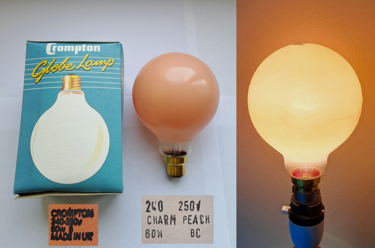 Crompton 60w Charm Peach globe lamp
A recent Ebay find - I rather like this lamp's general retro appearance, down to the packaging! Up until this point I only had examples of Crompton's "Charmlight" range in standard GLS and candle variants so it is nice to finally have one of the globe versions as well.
