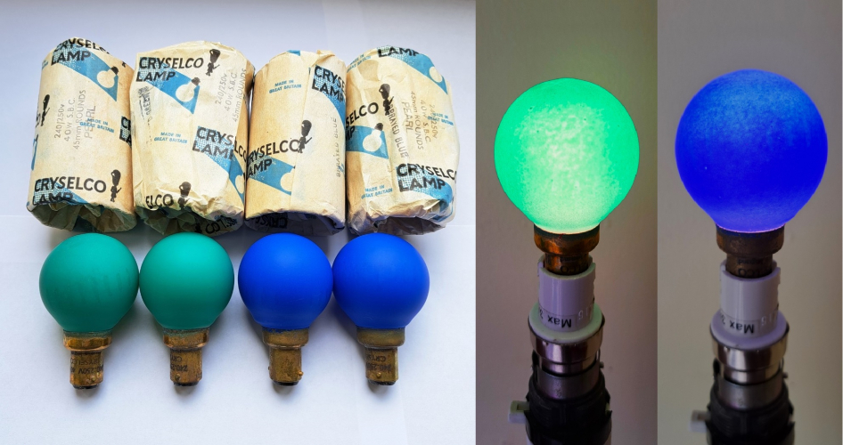 Cryselco 40w blue and green sprayed golf ball lamps
Some rather nice lamps I discovered on Ebay recently. These have been sprayed subsequently by the looks of it but despite that the finish seems to be of quite a good quality and is quite even.
