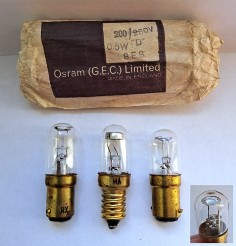 Osram - GEC 0.5w neon indicator lamps
Some rather nice recent Ebay finds - I believe both types present here haven't yet been featured in my gallery before. The B15 examples have quite an unusual electrode shape and the E14 base example is quite rare.
