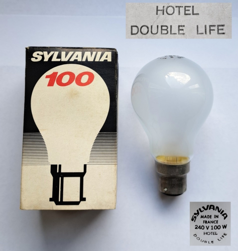 Sylvania 100w "Hotel" double life pearl GLS lamp
A most unusual lamp. Until coming across this lamp I had briefly heard of Sylvania's obscure "Hotel lamps" but it seemed they only appeared to be sold in either T-shape or "Doorknob"-shaped variants and in unusual wattages, each with their own special packaging. This lamp is different however, and besides its etch and brief mention on the box doesn't seem to have anything that sets it apart from a standard Double Life GLS lamp.
