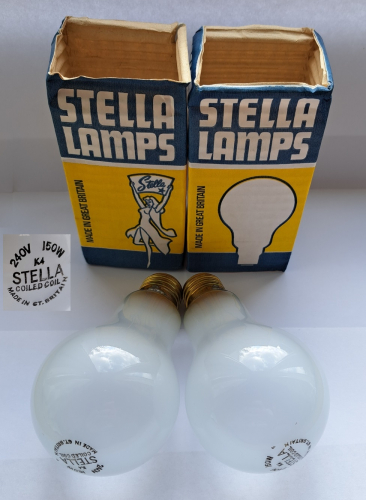 Stella 150w pearl filament lamps
Some nice lamps which appear to be made by Philips - see my gallery for some more Stella lamps I acquired recently.
