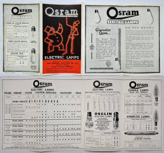 Osram-GEC lamp price guide from September 1933
Quite a nice relic I picked up on Ebay not long ago, and in very good condition for its age! The photos are in fairly high quality so feel free to zoom in and read the details.
