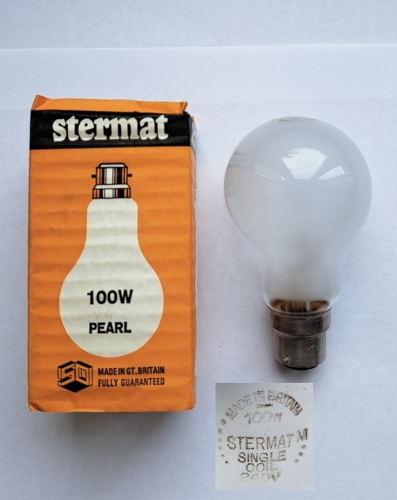 Stermat (Thorn) 100w pearl GLS lamp
Another unusual lamp, found in the same lot as the Osglim lamp I acquired recently. Not a brand I've ever heard of before, although the lamp itself is unmistakably Thorn.
