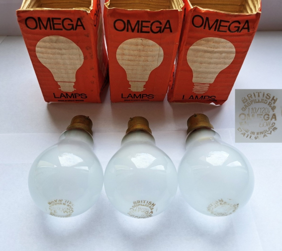 Omega 110-120v 60w lamps with British Railways etch
More Ebay finds. I suspect these lamps were made for train carriages perhaps, given the etch and voltage?
