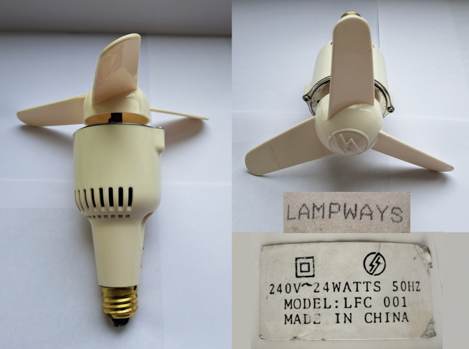 Lampways-branded fan with E27 base
An interesting curiosity I picked up off of Ebay - it looks to have been fairly well used in the past but it still works! These little "lamp fans" seemed to have seen some popularity during the 1980's. Buried away somewhere I have an Xpelair-branded version which still has its original box.
