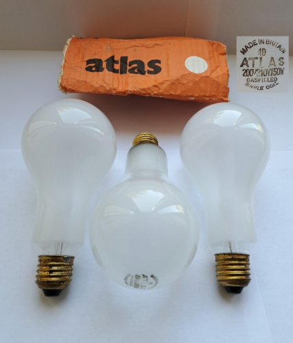 Atlas 150w pearl GLS lamps
Found yesterday at a steam rally stall - all are NOS but sadly only one of the lamps still has its original packaging. Atlas-branded GLS lamps seem to be rather rare, the brand is more commonly found on fluorescent tubes! Also note the rather curious voltage rating of these lamps.
