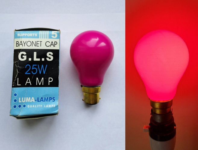 Luma-Lamps 25w bright pink GLS lamp
Here is an unusual lamp I got recently - having seen coloured lamps from this company I was curious to see what they were like... Whilst the colour coating seems good (and an unusually deep shade of pink which looks more red when lit!) the lamp itself is just a cheap generic Chinese GLS lamp. So much for the "quality" advertised on the packaging - I purchased two of these and the other blew the fuse in the plug of my lamp! I don't think this company has anything to do with the well-known Scandinavian brand.
