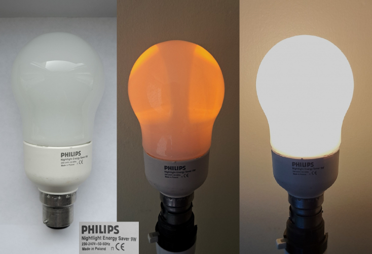 Philips 9w CFL lamp with built in LED nightlight
Here's an unusual one for you all - while at first glance it appears like a standard Philips "Ecotone" lamp from the early 2000's, this lamp in fact hides a creative secret! Switch it on once, and all seems normal, but switch it on again and the CFL is replaced with the dim glow of an amber LED nightlight. Cool, isn't it? I'd been looking for one of these for quite some time so it's nice to finally have one.
