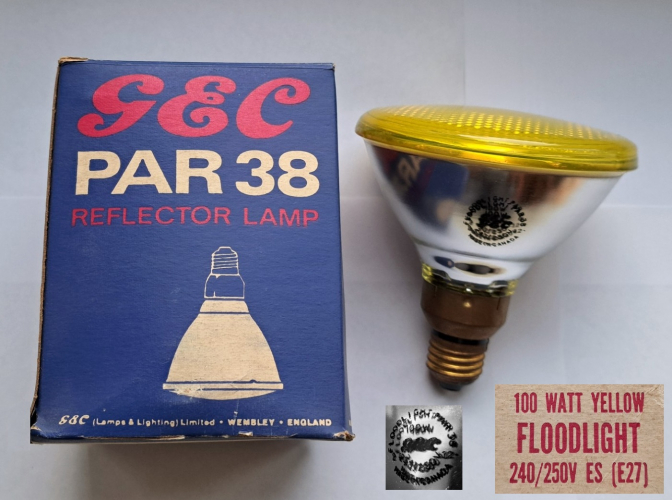 GEC 100w yellow PAR 38 lamp made by GE in Canada
Another lamp discovered in a recent Ebay lot, this time a very nice example of a Canadian-made PAR38 lamp for the British market, with GEC branding.
