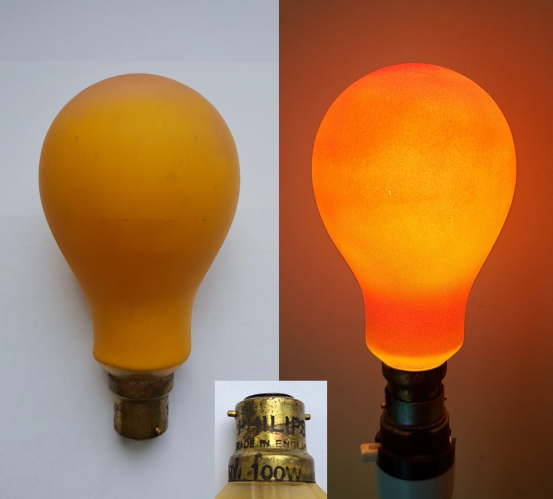 Philips 100w sprayed amber GLS lamp
Another lovely old lamp that came along with the Osram shown in the last photo. This lamp appears to have had a fair bit of use (the top is a bit darkened!) but apart from that it still works. I rather like the shape of this lamp as well.
