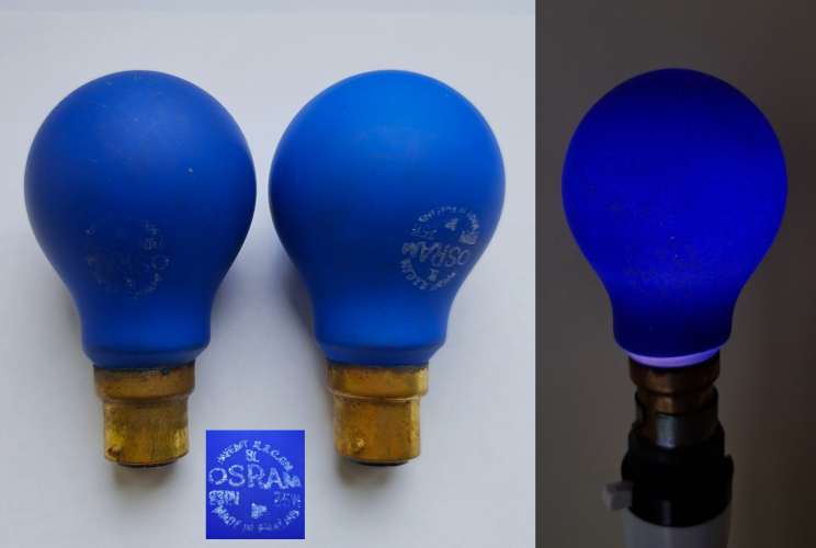 Osram - GEC 25w blue sprayed GLS lamps
Some rather nice lamps found recently courtesy of Ebay... These may or may not be blackout lamps, as the era/wattage/colour all point towards the fact.
