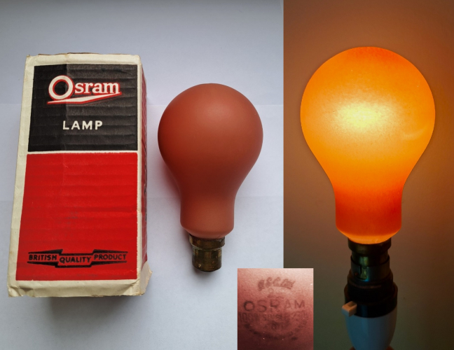 Osram - GEC 100w sprayed orange GLS lamp
Another lovely find off Ebay not long ago. I suspect this might be a 3rd party colouring job as the etch is very hard to read when the lamp is switched off. Whatever it is, it's still very nice - even when lit!
