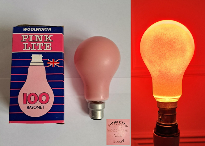 Woolworths (GEC) "Pinklite" 100w decorative lamp
Here is a nice example of a lamp made by GEC for the Woolworths chain of department stores. Being 100w, it has a slightly larger envelope than the lower wattage models.
