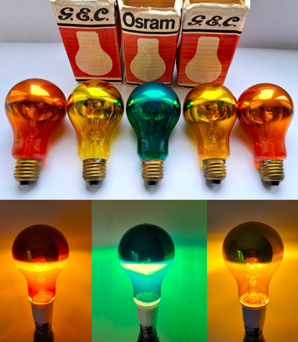 Osram - GEC 75w coloured crown silver lamps
I was quite overjoyed to come across some of these on Ebay a few days ago hidden in a lot amongst a few other lamps, I have been on the lookout for some of these for a very long time. Interestingly these are branded both Osram and GEC, and some unfortunately appear to have been quite heavily used.
