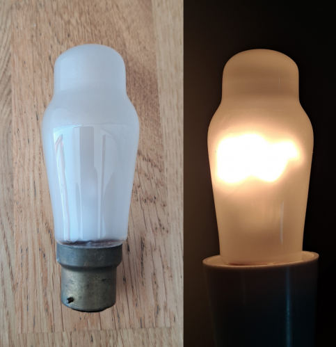 Sunshine brand 15w pearl radio valve-shaped lamp
After much hunting I have finally managed to track down a pearl variant of one of these unusual lamps - these lamps were apparently sold in Woolworths stores ("Sunshine" was one of their store brands) after the second world war, due to a supposed unused excess of surplus radio valve envelopes from the production of military radio sets. I have a clear example of these somewhere, as well as red and green examples.
