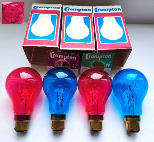 Crompton Jewel 40w & 60w lacquered coloured lamps
I recently found two factory-sealed cases of these lamps, in red and blue. Unfortunately, even though they had never been opened before, the lacquer is already slightly starting to crack, which is a pity.
