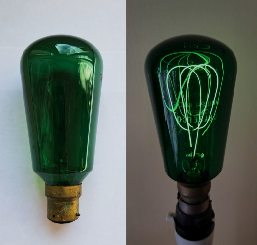 Cryselco 240v green carbon filament lamp
Here is an absolute gem of a lamp I was very lucky to acquire recently - with a much longer filament than those of the 110v lamps I have just uploaded.

