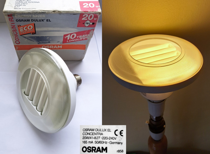 Osram Dulux EL Concentra 20w unusual CFL lamp
Here is quite an unusual type of CFL lamp I have been after for quite some time, but I hadn't really seen any reasonably-priced examples up until now. This essentially one of Osram's "wide PL" (PL-F) lamps mounted in an integrated assembly.
