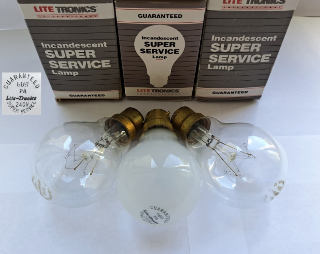 Lite-tronics 60w "Super Service" GLS lamps
Found recently on Ebay - these appear to have been manufactured by Pila in Poland. Apparently these are supposed to last up to 10k hours in use, but I'm slightly sceptical of that claim, unless these are terribly underdriven on 240v.

