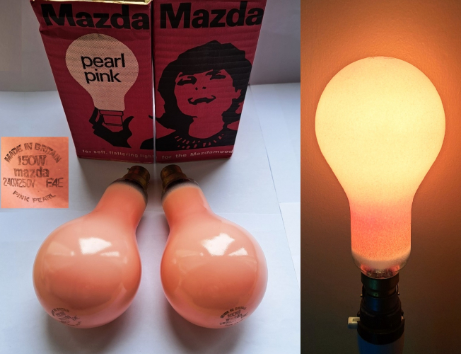 Mazda 150w Pearl Pink decorative lamps
I have never seen a lamp that better encapsulates the late 1960s/early 1970s - down to the colour and packaging art. I have been searching for some of these larger pink decorative lamps for quite some time, and these recently appeared on Ebay after much waiting!
