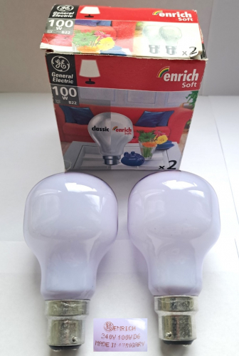 GE 100w "Enrich" Neodymium Glass lamps
Some more "Enrich" lamps, this time of slightly later manufacture and in a high wattage. Unfortunately these have a worse type of etch, that smears and rubs off very easily...
