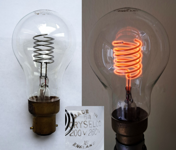 Cryselco (GEC) 5w neon "beehive" type lamp
A slightly unusual neon lamp which differs from GEC's usual "Osglim" lamps, in that it has a much narrower type of electrode, and a more cylindrical type of spiral which doesn't taper towards the end.
