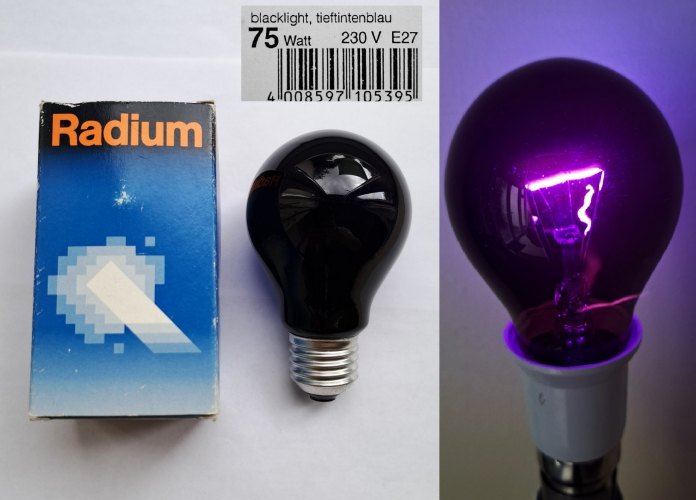 Radium 75w Blacklight Blue filament lamp
It's interesting to see one of these lamps actually sold by a reputable brand for once - they are usually cheap generic products. This lamp appears to have been decently well made.
