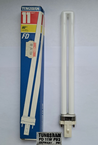 Tungsram FD 11w PL lamp made by Osram
Here is a slightly unusual PL lamp, which although Tungsram-branded was made by Osram in Germany. Complete with its original sticker from Ikea!
