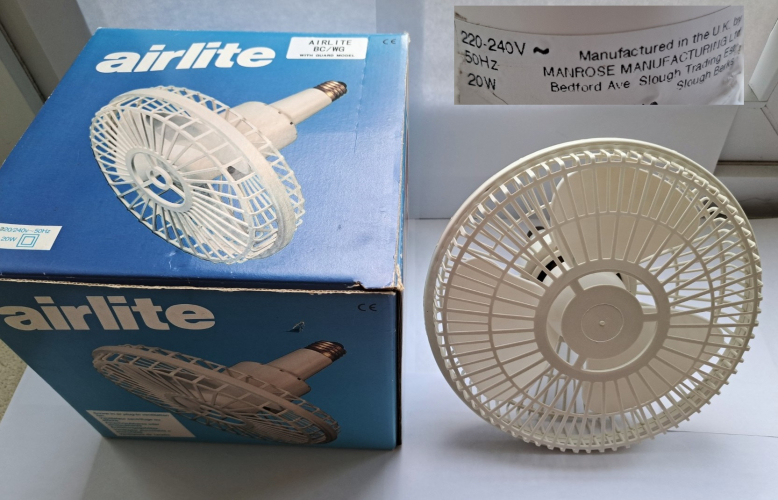 Manrose "Airlite" 20w plug-in fan with B22 base
Another curiosity, this time in the form of a "lamp fan". Whilst I have a couple of these already, this example is significantly bigger and features a protective guard over the blades. Manrose are still well known to this day.
