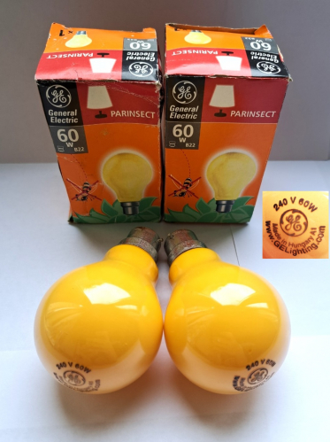 GE Parinsect 60w insect repellant lamps
Some rather unusual lamps I found recently - after having missed out on purchasing one of these at least 6 years ago, I have now managed to find this pair after much waiting. I don't think these were ever desperately popular!
