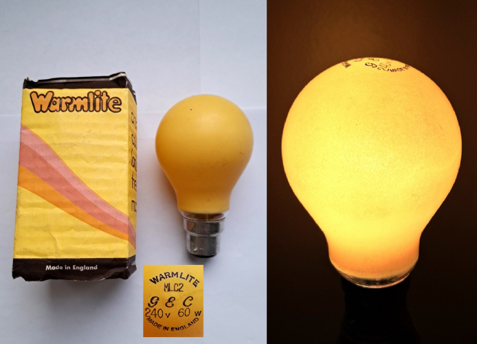 Osram - GEC "Warmlite" lamp in "Old Gold"
In the early 1970s Osram-GEC produced two ranges of decorative coloured lamps in three shades, the "Accent" with its characteristic square-ish shape, and the "Warmlite", available in the same three colours but instead sporting a standard GLS envelope. Many years ago I managed to track down some pink versions of the "Warmlite", but much to my surprise this even more elusive amber/yellow version appeared on Ebay recently.
