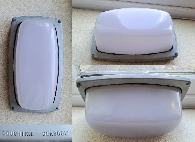 Coughtrie BB15 bulkhead for GLS lamps
A very nice type of fitting I have been on the hunt for for a number of years - a few days ago, I found this reasonably-priced example on Ebay and was finally able to add one to my collection. Whilst this is a remarkably clean example, there is a tiny bit of damage to one of the corners, but this can hopefully be solved through an eventual full restoration. I've always loved the slightly purplish glass these have.
