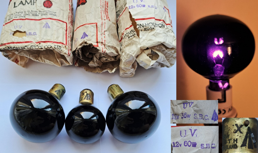 Mazda - BTH Type "X" 12v Blacklight lamps (36w and 60w)
I don't usually collect these kinds of low voltage vehicle/appliance lamps, but had to make an exception when I found these listed on Ebay. James H. has published a good write-up regarding these lamps (refer to Lamptech) where he comes to the conclusion that these were an experimental product which saw some kind of use in British aircraft or military vehicles. The presence of the UK War Office stamp both on the lamps themselves and their packaging would also suggest this.
